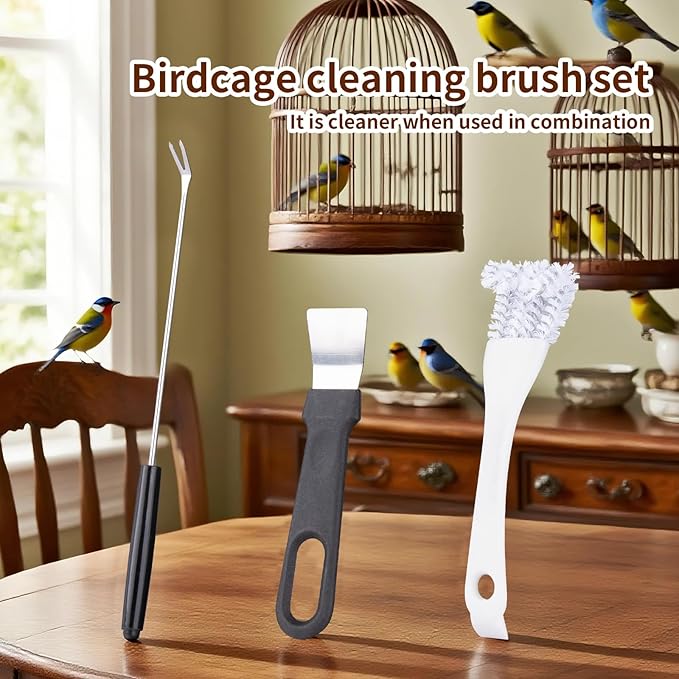 Bird Cage Cleaning Brush Tool Set, Bird Cage Cleaner Brush Kit, Bird Cage Cleaning Brush with Long Handle, Bird Cage Accessories,Poop Remover for Cleaning Poop in Pet Cages,Parrot Cages & Bird Perches