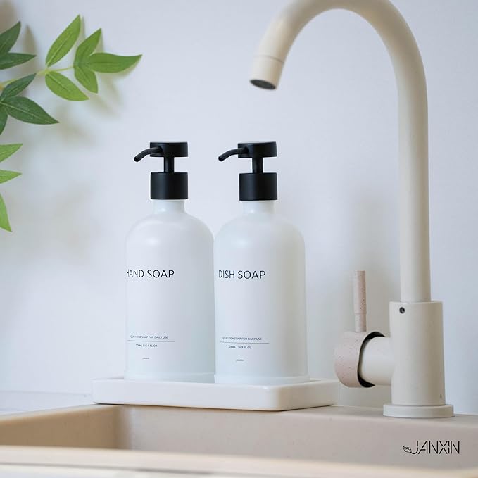 Soap Dispenser Set with Non-Slip Protective Silicone Pad, Hand Soap Dispenser for Bathroom and Kitchen Decor, White and Black Accessories (White Bottles + Black Pumps)