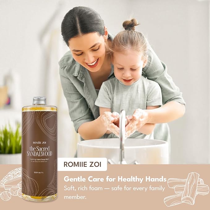 ROMIIE ZOI Foaming Hand Soap Refill Gift Set-3 Pack with Dispenser, Cruelty-Free and Biodegradable Formula, Moisturizing with Essential Oil for Sensitive Skin,Sandalwood Scent,(33.8 Fl Oz x 3)
