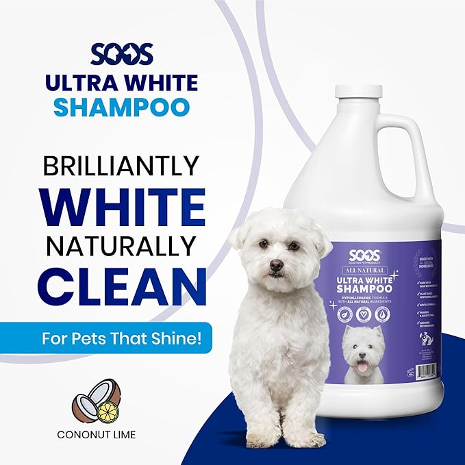Soos Ultra White Hypoallergenic Shampoo for Dogs & Cats - Natural White Brightening Formula, Gentle & Moisturizing Pet Wash for Sensitive Skin - 4L