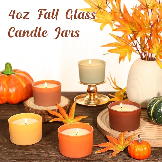 4oz Fall Candle Jars 15 Pack, Small Wide Mouth Glass Empty Candle Jars with Bamboo Lids for Making Candles, Bulk Candle Container with Wick Kit, Ideal for Candle Business Owners