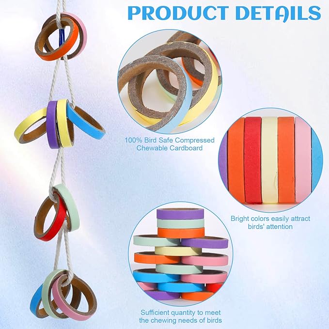 Jenaai 24 Pcs Chew Bagels Bird Toys for Parrots 2.4 Inch Wood Bird Chew Toys Colorful Cardboard Foraging Chew Foot Wooden Training Toy for Cockatiels Cockatoos Macaws and Similar Sized Pet Birds