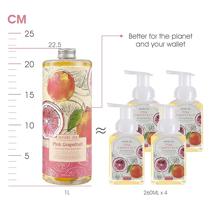 ROMIIE ZOI Foaming Hand Soap Refill Gift Set – 3 Pack *33.8 Fl Oz with Dispenser, Pink Grapefruit Scent–Moisturizing, Biodegradable & Chemical-Free Formula for Bathroom, Kitchen, Sensitive Skin