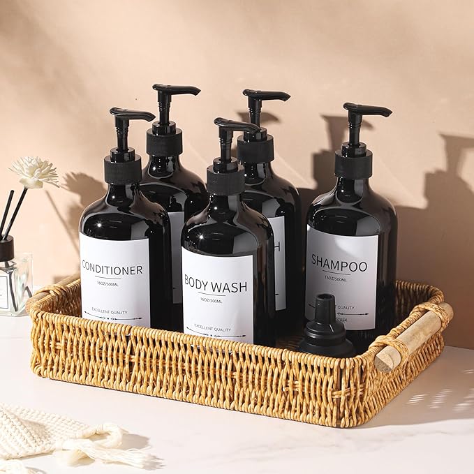 Stylish Shampoo Dispenser Bottles,(5Pack)16.9oz Black Shampoo Bottles Refillable with Pump,Shampoo and Conditioner Dispenser