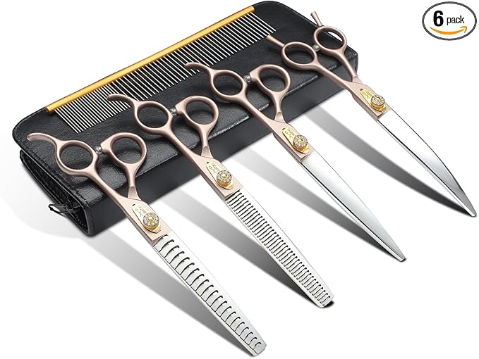 JASON Professional Dog Grooming Scissors Set - 6 in 1 Sharp Shears Set With 7" Thinning, Chunker, Straight, Curved Shears and Comb for Cat Pet, Rosegold
