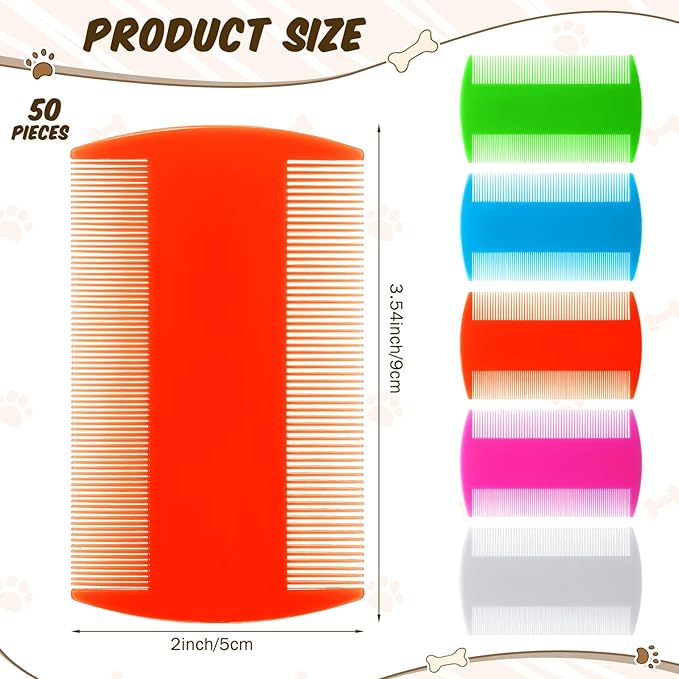 Hushee 50 Pcs Flea Comb Bulk for Cats Dogs Lice Comb with Double Side Tooth for Small Cats Dogs Kitten Indoor, 5 Colors