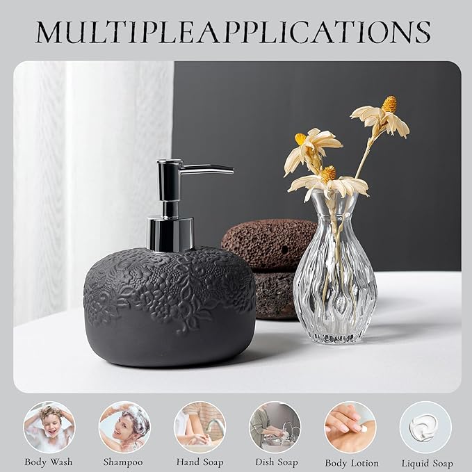 Soap Dispenser, Ceramic Countertop Lotion Dispenser 14oz with Embossed Design, Matte Black Bathroom Refillable Lotion Bottle for Shower Soaps Shampoo Kitchen Organization, ANTIS'S HOME