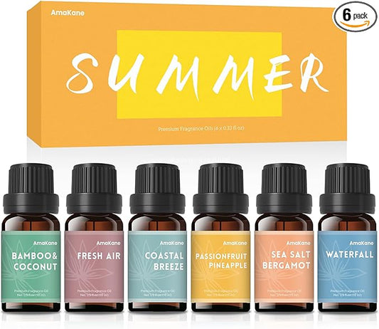 AmaKane Summer Essential Oils, Fragrance Oil for Soap Making, Candle Making Scents, Passionfruit Pineapple, Coastal Breeze and More, Diffuser Oils Scents for Home, Aromatherapy Oils 6x10 ml