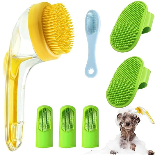 7 PCS Pet Bath Brush Set, Dog Bath Brush with Shampoo Dispenser, Cat Chin Cleaning Brush, Dog Toothbrush, Adjustable Glove Massage Brush, Pet Scrubber for Bathing Long Short Haired Dogs Cats (Yellow)