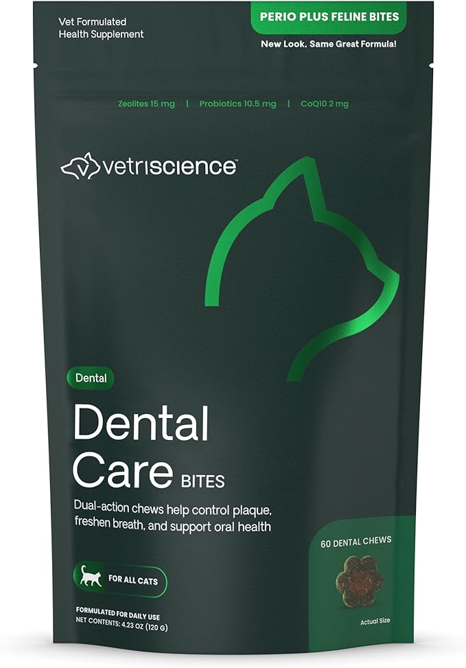 VetriScience Perio Plus Cat Teeth Cleaning Bites - Advanced Cat Breath Freshener - Dual Action Cat Dental Care Formula for Plaque Control & Fresh Breath, 60 Chews, Chicken Flavor