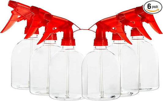 Juvale Spray Bottles for Cleaning & Hair Care - 16 oz, Clear & Red, 6-Pack - Plastic Spray Bottles Adjustable Nozzle Mist & Stream - Refillable Plant Sprayer