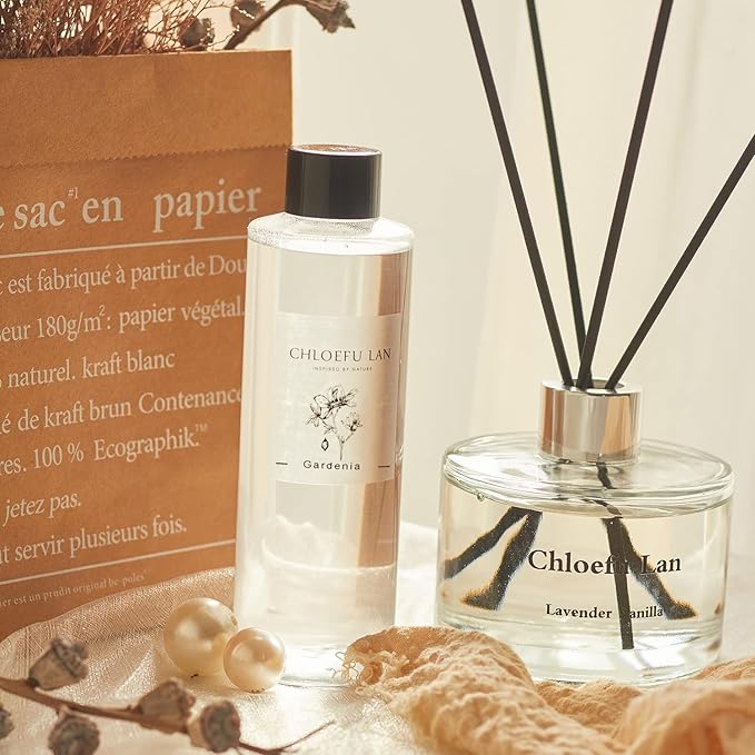 Chloefu LAN Gardenia Reéd Diffuser Refill 200ml/6.76 fl oz, Natural Essential Scented Oil, Best for Aromatherapy, SPA and Home, 0% Alcohol, A Fresh Clean Scent, Free Set of Diffuser Sticks