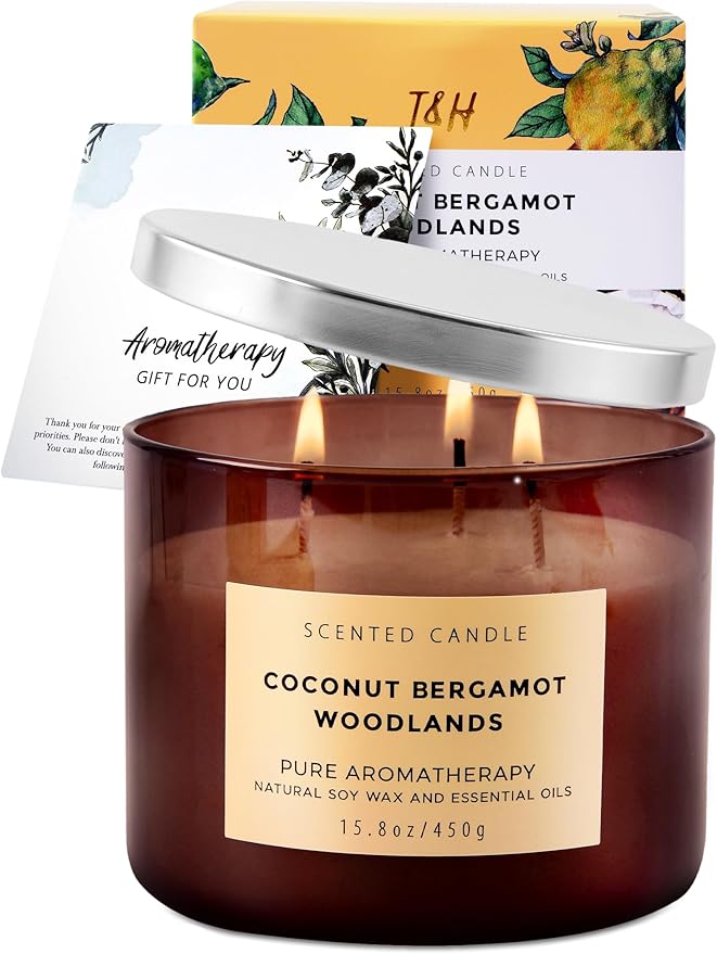 Coconut Bergamot Woodlands 3-Wick Soy Scented Candle, 15.8 oz - Clean Burn - Creamy Coconut, Bergamot & Balsam Woods - Large Aromatherapy Candle for Home Relaxation