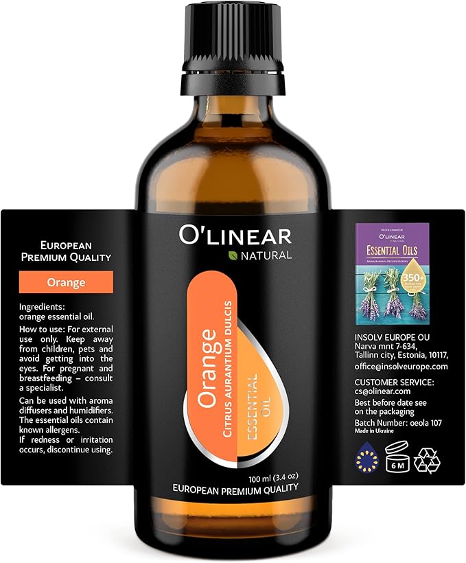 O'linear Pure Orange Essential Oil for Diffuser and Humidifier - Mood-Boosting 100% Fresh Summer Scents, Long-Lasting Sweet Orange Oil, Perfect for Essential Oil Necklaces and Air Fresheners 3.4 Fl Oz