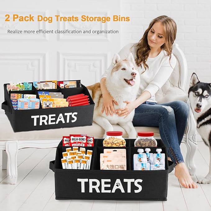 2-Pack Dog Storage Organizer, Collapsible Cat Treats Container with Dividers, Dog Treats Station - Black