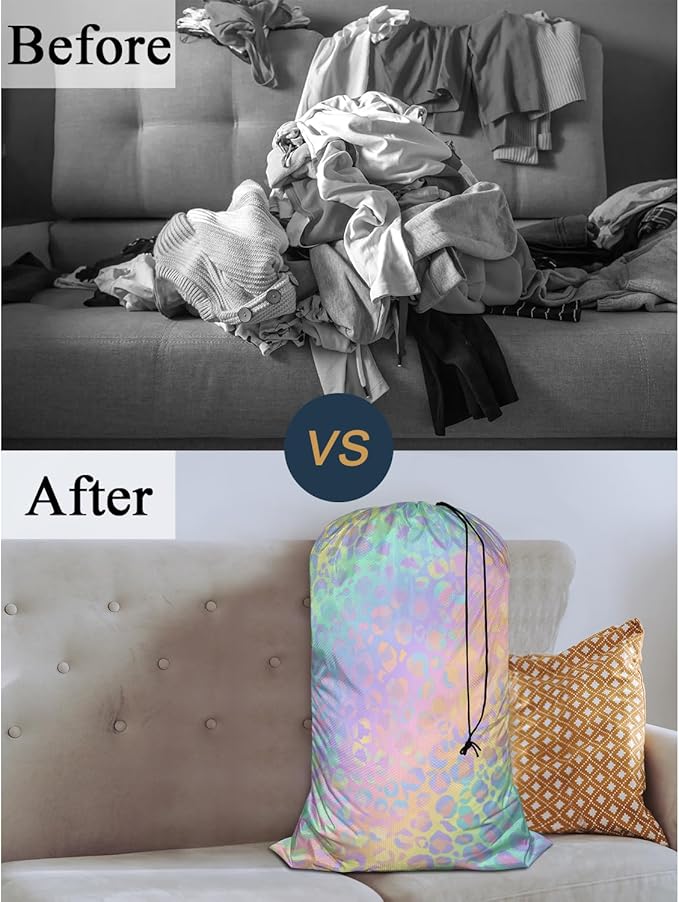 Swono Leopard Print Drawstring Portable Large Capacity Laundry Bags Animal Fur Spots Pattern Mammal Wildlife Storage Baskets for Bedroom, Bathroom, Dorm, Dining Room