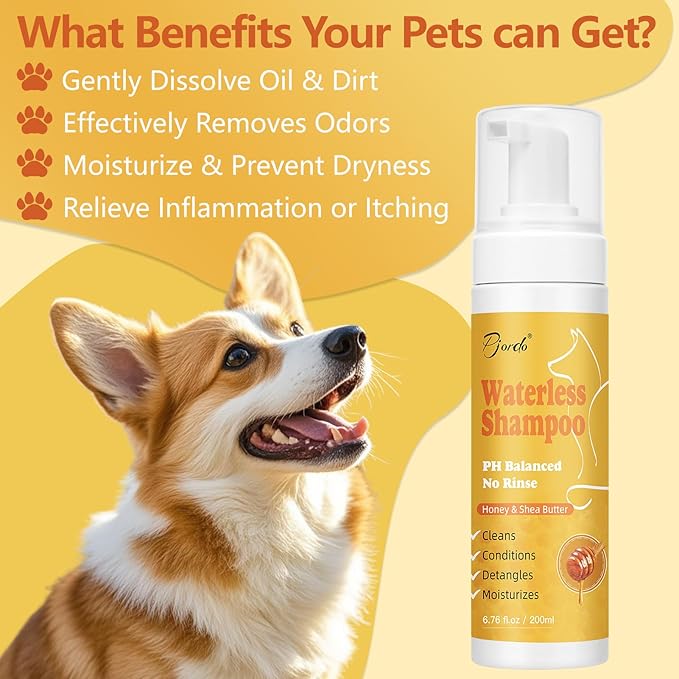 Waterless Shampoo for Cat & Dog with Honey & Shea Butter, No Rinse Dry Pet Shampoo Waterless for All Fur, Cleaning & Removes Odors, Conditioning & Anti-Tangle, Moisturizing Skin