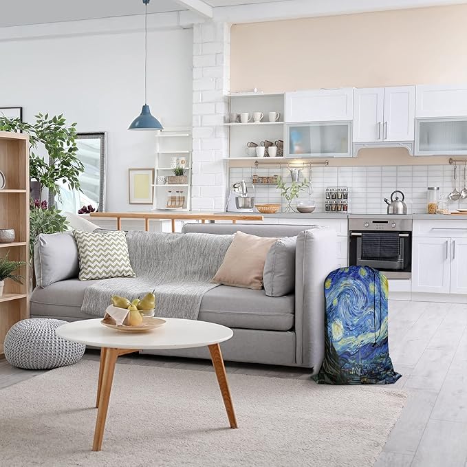 Swono Sturdy Laundry Basket Hamper, Starry Night Abstract Art Foldable Laundry Bag Clothing Organization for Bathroom, Bedroom Home Dorm Travel, Blue Oil Painting