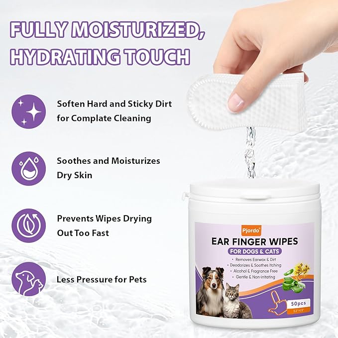 Dog Ear Cleaner Finger Wipes, Ear Finger Wipes for Dogs & Cats, Gently Remove Ear Wax, Debris, Sooths & Deodorizes, Relieve Ear Itching, Pet Ear Wipes with Aloe Vera & Witch Hazel - 50 Count