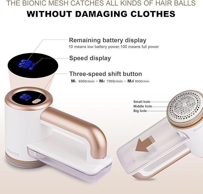 iRUNTEK Rechargeable Fabric Shaver, Electric Commercial Lint Remover with LED Display & Big Trash Box, 3-Speeds for Removing Fuzz and Pill from Clothes, Furniture, Sweater, Couch and Blanket, White