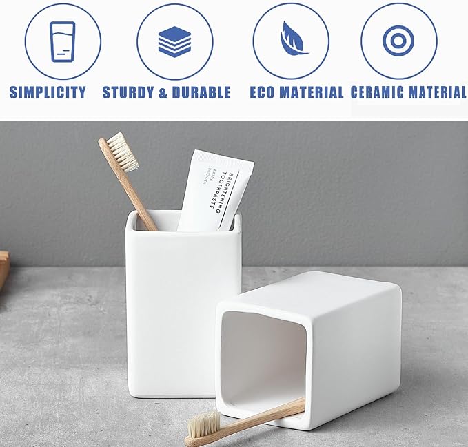 White Ceramic Toothbrush Holder - Square Bathroom Toothbrush Holder, Toothbrush Cup Holder Aesthetic Toothpaste Holder, Modern Family Size Toothbrush Organizer, Bathroom Tumbler Cup