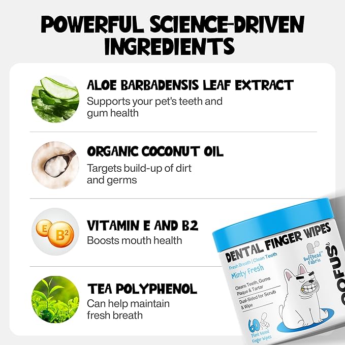 Dog Teeth Cleaning Wipes 60 Packs - Dental Wipes to Reduce Plaque & Tartar for Dogs & Cats - Mint Pet Dental Wipes for Oral Freshness - Dog Tooth Brushing Kit Dental Wipes