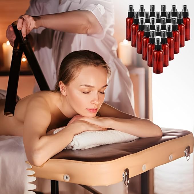 60PCS 2 oz Plastic Amber Spray Bottle, Empty Small Amber Spray Bottle with Sticker and Funnel, Refillable Mini Mister Spray Bottles for Essential Oils, Bath & Cleaning