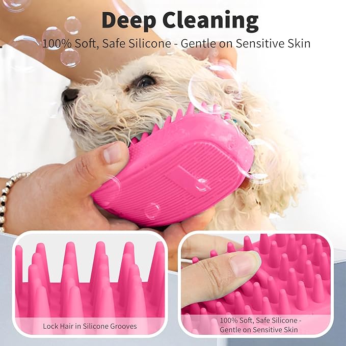 Bath Brushes for Pet Grooming & Massage,Rubber Scrubbing Brush for Dogs,Pet Silicone Shampoo Brush,Ideal for Long & Short Haired Dogs and Cats, Essential Puppy Accessory,Pink