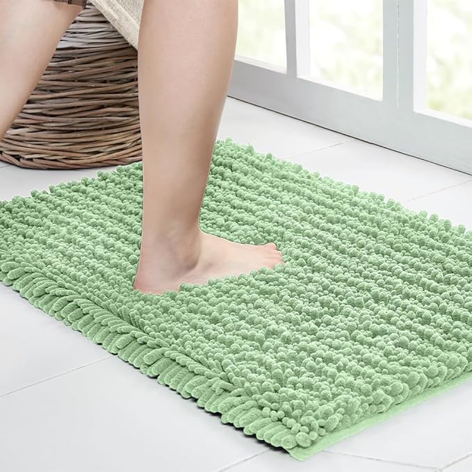 Walensee Bathroom Rug Non Slip Bath Mat (24x17 Inch Sage Green) Water Absorbent Super Soft Shaggy Chenille Machine Washable Dry Extra Thick Perfect Absorbant Best Small Plush Carpet for Shower Floor
