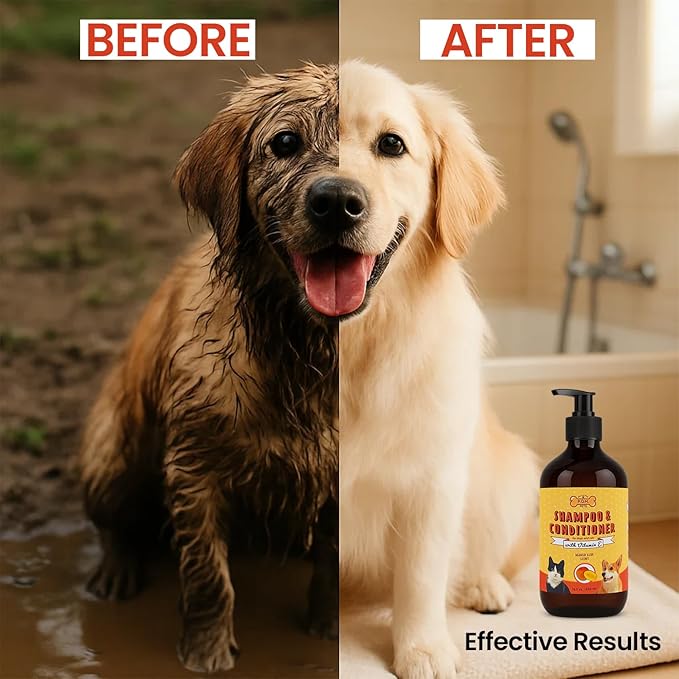 POM Pets 2-in-1 Organic Dog Shampoo & Conditioner – Itchy Skin Relief, Dog Deshedding, Detangles Fur, Cat Shampoo, Paw Cleaner for Dogs, Natural Coat Defense Formula