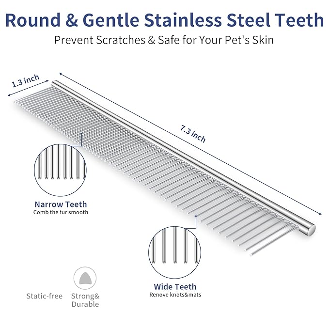 5 in 1 Dog Grooming Kit - Self-Cleaning Slicker Brush for Shedding Short Long Haired Dogs & Cats, Includes Pet Comb, Flea Comb, Bath Brush, Undercoat Rake - Complete Fur Care Set - Gray