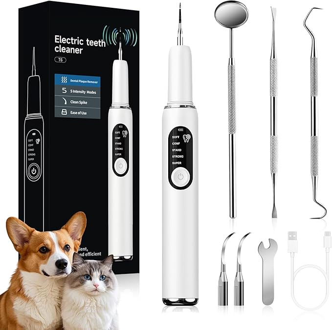 Jellytree Dog Plaque and Tartar Remover,Dogs Teeth Cleaning Kit with Led Light,5 Modes Dog Tooth Plaque Remover,Tooth Cleaner for Dogs and Cats,Low Noise Tartar Remover for Teeth,