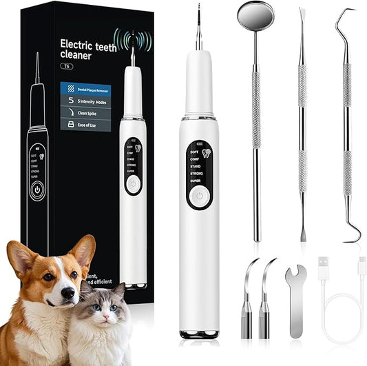 Jellytree Dog Plaque and Tartar Remover,Dogs Teeth Cleaning Kit with Led Light,5 Modes Dog Tooth Plaque Remover,Tooth Cleaner for Dogs and Cats,Low Noise Tartar Remover for Teeth,