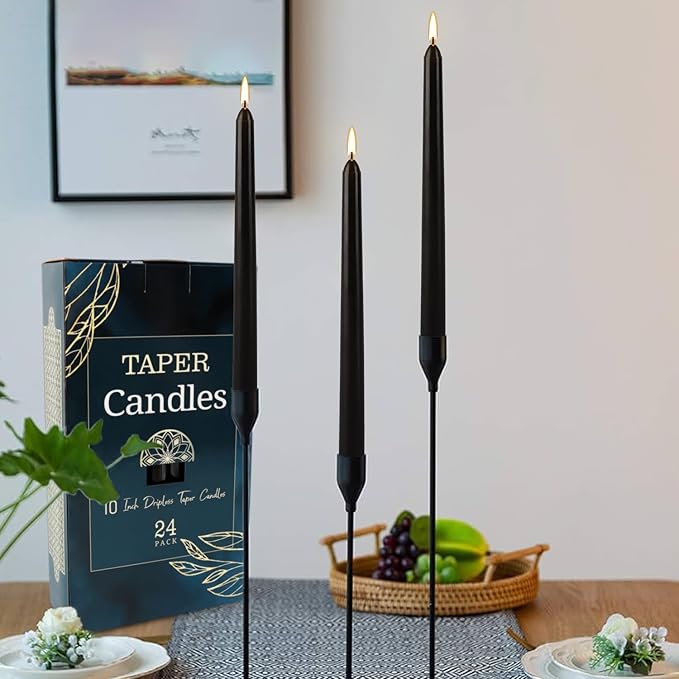 24 Pack Black Taper Candles, 7-8 Hours Burn Time, Unscented, Smokeless and Dripless, 10 Inch Dinner Candle Set for Household, Wedding, Party and Home Décor Candlesticks.
