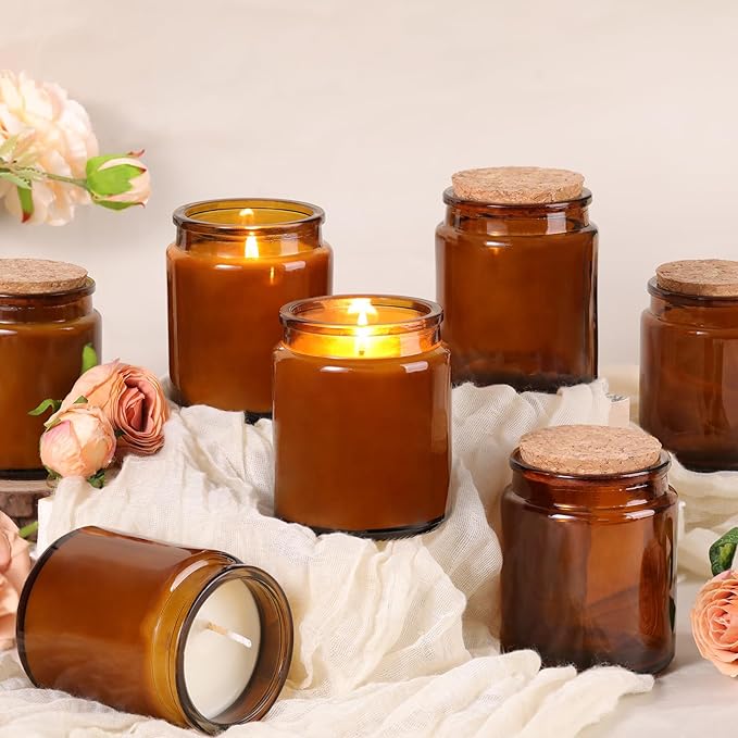12Pcs Amber Candle Jars for Making Candles, 7.5oz Glass Jars with Wooden Lids and Labels, Candle Containers for DIY, Gifts, Candle Making Supplies, Table Decor