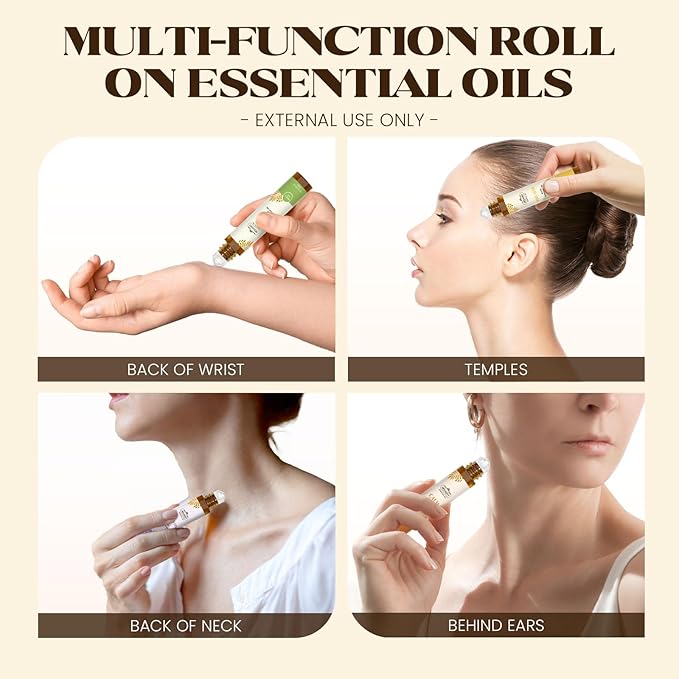 Essential Oils Roll On Set(Calm, Relax, Breathe, Focus on, Sleep, Renew), Natural Aromatherapy Oil Blend Kit with Roller Ball for Massage, Body Skin Care, Home, Relaxation Gift for Women & Men