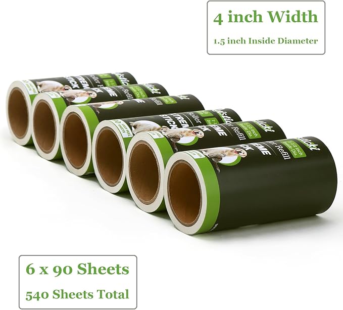 4 inch Lint Roller Refills Compatible with Evercare and Other Lint Rollers with 1 1/2 inch Inside Diameter Extreme Stick 90 Sheets Each Refill (Pack of 6, 540 Sheets Total)