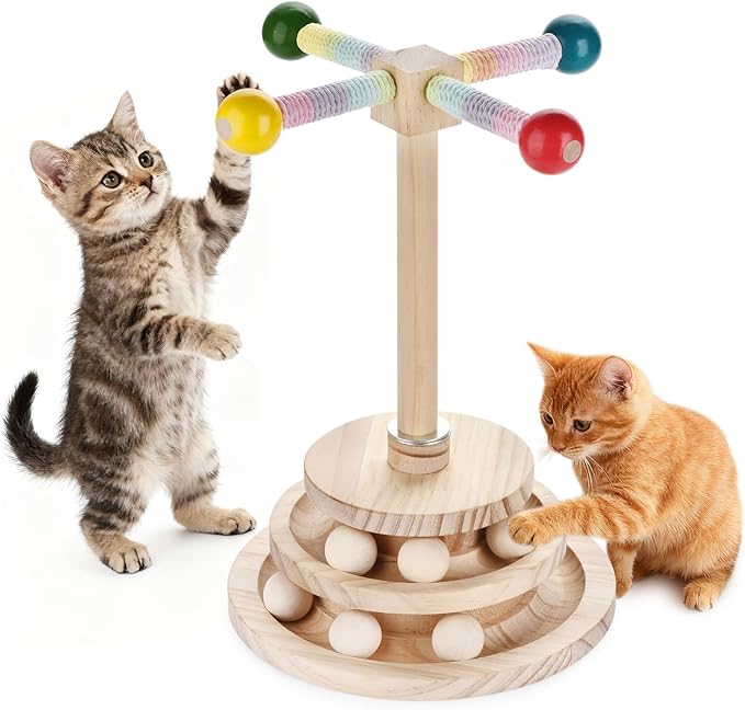 2-in-1 Wooden cat Toy, Interactive Multi-Layer Ball Track and Rotating cat Teaser Stick - Durable Natural Wood Made Puzzle Sports Toy for Kittens