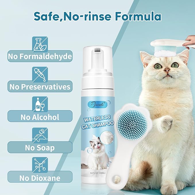 Waterless Cat Shampoo with Brush and Cloth, 6.8 FL OZ Cat Shampoo and Conditioner, Cat Dry Shampoo, No Rinse Formula for Quick Clean, Care for Cats and Kittens with Itching & Sensitive Skin