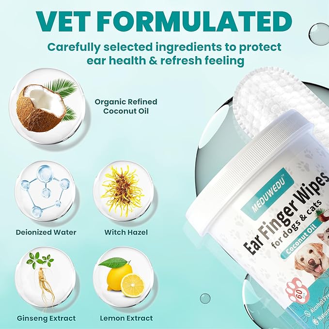 Ear Cleaner Finger Wipes 120 Counts, Dog Ear Cleaner, Grooming Kit Care for Dogs and Cats, Soft & Easy Otic Cleaning Pads, Remove Wax, Dirt & Stop Smelly, Itchy, Non-Irritating, Coconut Scent