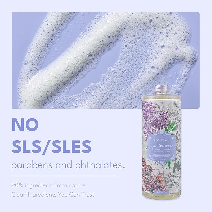 ROMIIE ZOI Lilac Foaming Hand Soap Refill Gift Set – 3 Pack (33.8 Fl Oz Each) with Refillable Dispenser, Soft Floral Scent, Moisturizing, Biodegradable & Chemical-Free Formula for Bathroom, Kitchen