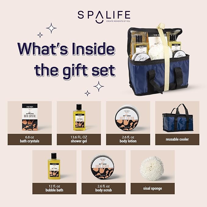 SpaLife Luxury Spa Skincare Sandalwood Gift Set for Men | Mens Body Wash Gifts | Mens Gift Set for Bath and Body | Christmas Gifts for Men | Cleansing, Moisturizing, Exfoliating | 7-Piece Bundle