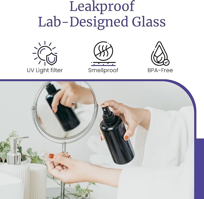 Infinity Jars 200 Ml (6.7 fl oz) Black Ultraviolet Glass Fine Mist Spray Bottle Cleaning Products Refillable Containers Homemade Perfume Blends Room, Sprays Bath Beauty Hair, Screw Top Bottles