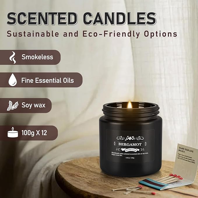Scented Candle Set 12 Pack,Black, Candle for Home Scented, Odor Eliminating, Stress Relief, Long Lasting Soy Wax Gift Set