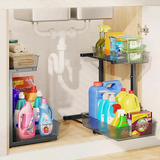 Under Sink Organizer, Under Sink Organizers and Storage with Adjustable Height and PET Basket, Pull Out Under Cabinet Organizer for Counter Kitchen, Vanity, Laundry, Pantry (2Packs, Black)