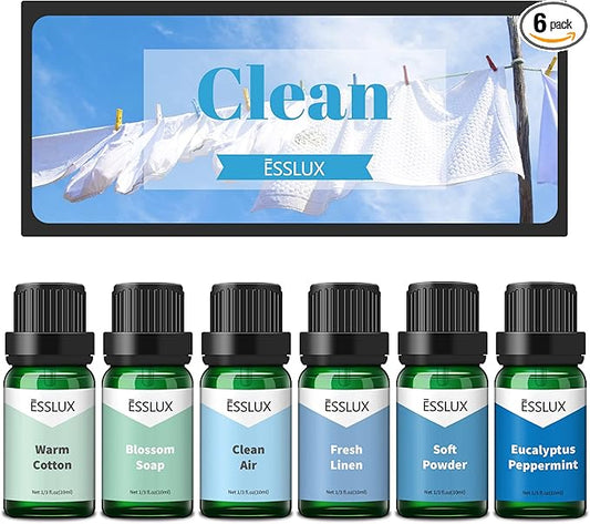 Fragrance Oil, ESSLUX Clean Set of Scented Oils, Essential Oils for Diffuser for Home, Premium Soap & Candle Making Scents, Aromatherapy Oils Gift Set - Clean Air, Fresh Linen, Warm Cotton and More