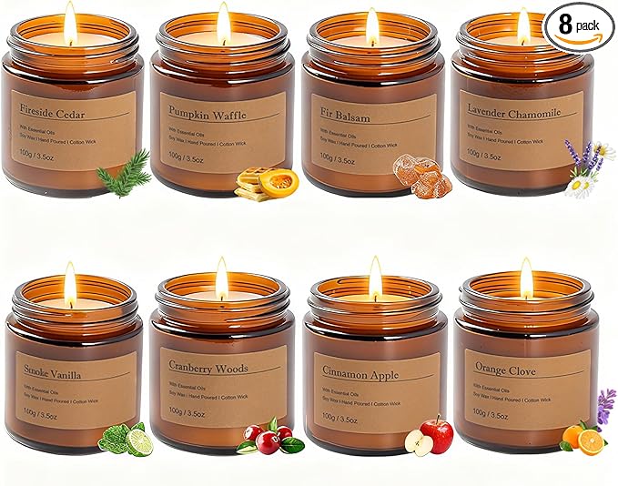 Holiday Candle Gift Set – 8 Pack Vintage Amber Glass Jar Candles,Winter Scents for Home,Christmas Gift for Women, Aromatherapy Soy Wax Candles,Cozy Home Décor,Premium Box