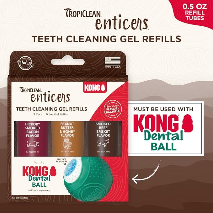 TropiClean Enticers Teeth Cleaning Gel for Kong Dental Ball | Refill Dental Gel | 3 Count Variety Pack | .5 oz Each