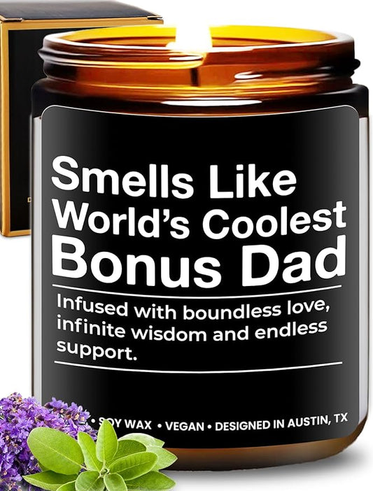 World's Coolest Bonus Dad Candle, Unique Sentimental Father's Day & Birthday Gift for Step Dad, Thoughtful Gifts for Father in Law, Best Presents for Birthday, Christmas, Special Occasions, Gift Ready