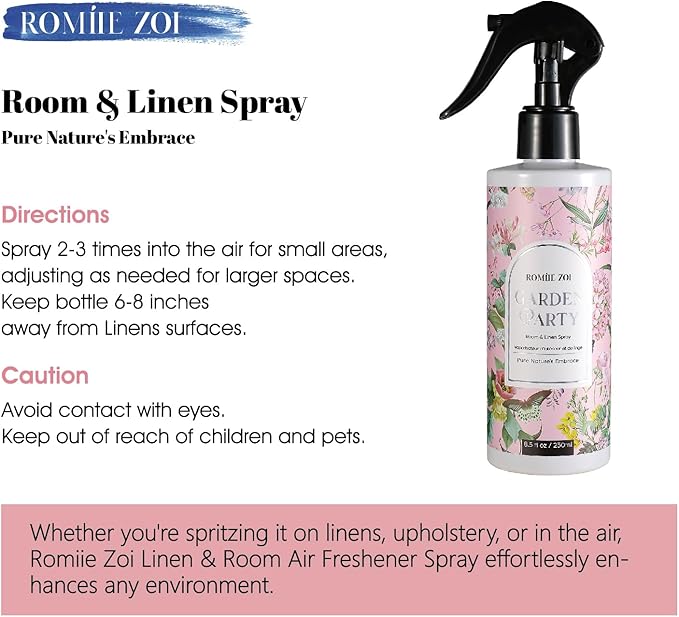 ROMIIE ZOI Linen & Room Air Freshener Spray Room Mist, with Natural Plant Extract - Garden Party - 8.5 FL OZ.